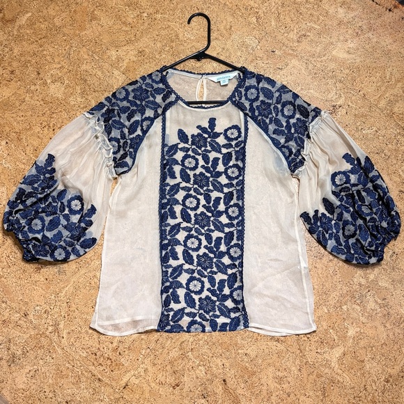 Sundance Luiza Silk Sheer Embroidered Blouson Sleeve Top In Beige /Navy Sz XS - Picture 9 of 15